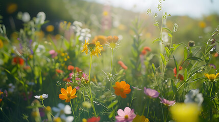 Uma vibrante coleção de flores silvestres em um campo exuberante capturada em close com luz suave