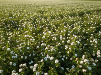 A large cotton field with ripe white bolls under a clear sky. Cotton production, manual processing.