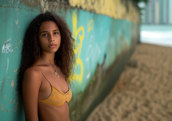 Slim Brazilian Girl in a bikini top at the beach posing: A beautiful young Brazilian woman in a yellow bikini against a graffiti-covered wall near the beach in Rio de Janeiro, Brazil.