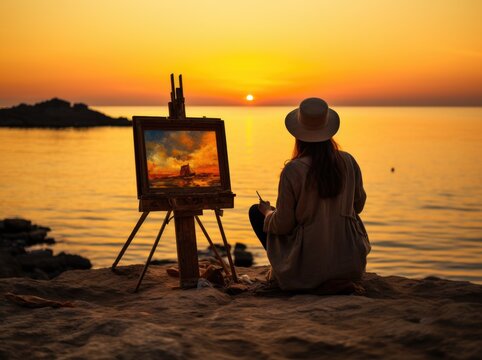 Woman Creating Sunset Painting