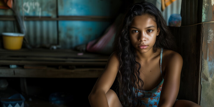A young Brazilian woman posing in her home in a favela in Rio de Janeiro. A young woman sitting in a rustic setting, with a contemplative look and wavy hair, wearing a floral swimsuit.