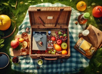 Sunny day picnic on a field with wicker basket and assorted foods.