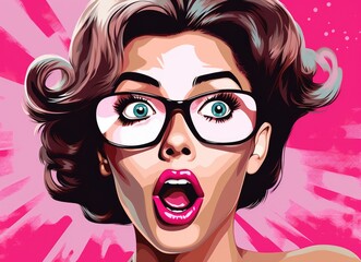 Shocked Woman in Retro Pop Art Style With Glasses on Pink Background