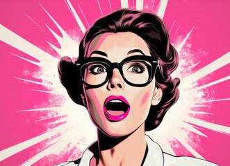 Shocked Woman in Retro Pop Art Style With Glasses on Pink Background