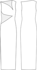 asymmetrical neck sleeveless straight shift h line long maxi dress neck low-cut. template technical drawing fashion flat sketch cad mockup woman