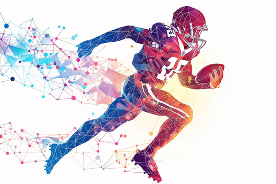 Abstract American football player in action from lines and triangles, on white background.