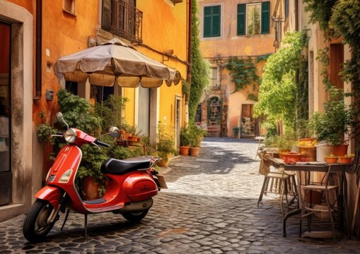 Fototapeta Red scooter parked on cobblestone street.