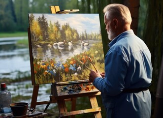 Senior artist engaged in painting vivid birds on canvas in a home studio.