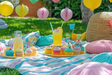 Colorful garden picnic with cupcakes, lemonade, and flowers on a sunny day.