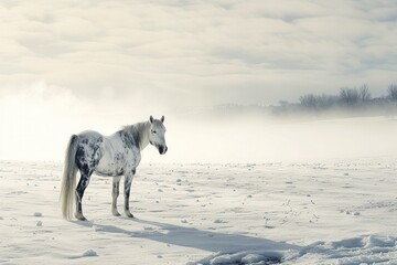 White horse standing in snowy field under cloudy sky