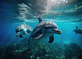 Obraz premium Dolphins swimming in the ocean.