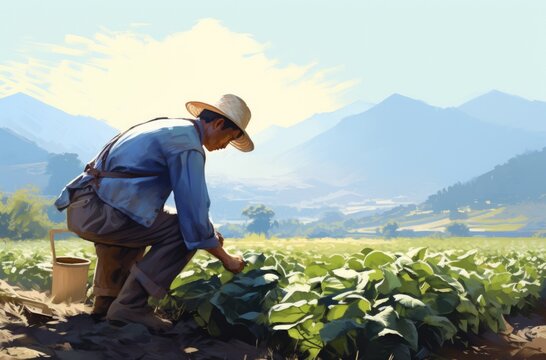 Man Planting Peppers in Field