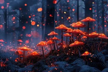 Fototapeta na wymiar Bright red mushrooms spreading across the ground in tiny colonies, like fireflies in the night, inviting you to journey into a world of fantasy. Wallpaper generative AI
