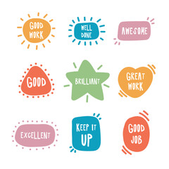 Fototapeta premium Motivational stickers vector illustrations. Good job well done great work cartoon stickers.
