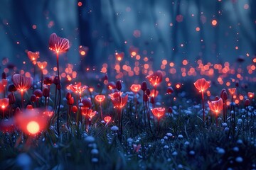 Bright red mushrooms spreading across the ground in tiny colonies, like fireflies in the night, inviting you to journey into a world of fantasy.   Wallpaper generative AI - obrazy, fototapety, plakaty