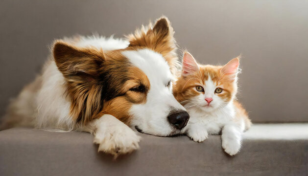 寄り添う犬と猫。ペット。家族。仲良しな犬と猫のイメージ。A dog and cat cuddling. pet. family. An image of a friendly dog and cat.