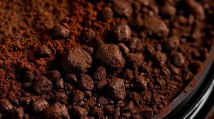 a close up of a bowl of chocolate chips and powdered coffee beans on a brown tablecloth with a black rim.