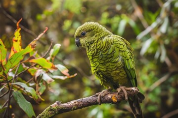 A parrot with green feathers sits on a tree branch