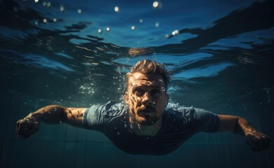 Athletic Man Swimming Underwater in an Indoor Pool at Twilight - obrazy, fototapety, plakaty