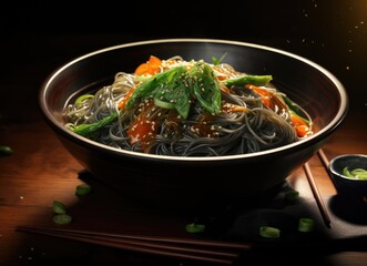 Steaming bowl of taro noodles with carrots and sesame on dark background.