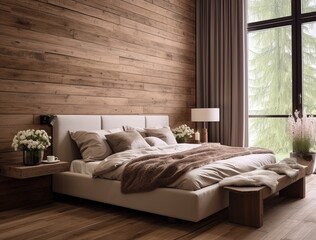 Serene bedroom retreat with wooden walls and rustic decor overlooking forest.