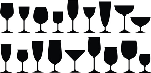 Wine glasses icons set simple symbol of bar, restaurant. isolated on transparent background. Various wine glass flat vector black silhouette collection for mobile concept and web design.