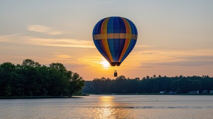 a hot air balloon flying over a body of water with the sun setting in the background and trees in the foreground.