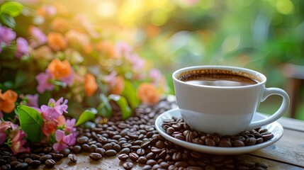 Cup of coffee on summer table garden terrace. Background concept - obrazy, fototapety, plakaty