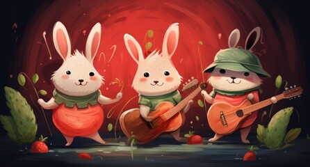 Three cute bunny rabbits enjoying fresh watermelon and strawberries.