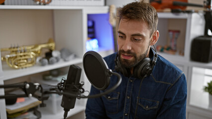 Handsome young hispanic man, a serious artist with a beard, concentrating as he passionately sings...