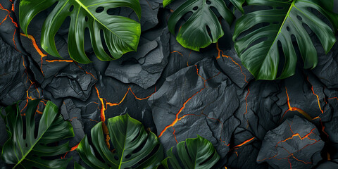 Tropical leaves frame around on a raw matte black lava  or granite stone with fresh laca in the cracks background or banner place for text title for elegand wild ntural high end design - obrazy, fototapety, plakaty