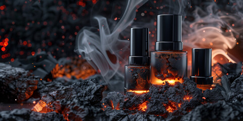 Fictive high end cosmetic brand display photo with a vulcanic thermal water minerals and clay ingredients serums and cream products comercial photo with fresh lava smoke and raw lava stone - Powered by Adobe
