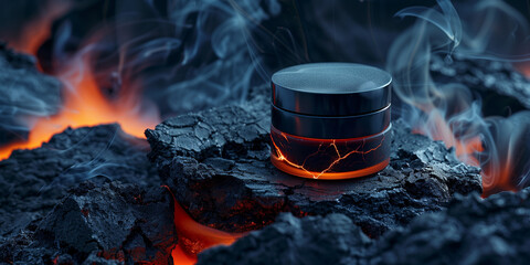 Fictive high end cosmetic brand display photo with a vulcanic thermal water minerals and clay ingredients serums and cream products comercial photo with fresh lava smoke and raw lava stone - obrazy, fototapety, plakaty