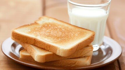 Fototapeta na wymiar a toasted sandwich on a plate next to a glass of milk on a wooden table with a wooden tablecloth.
