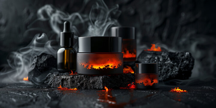 Fictive high end cosmetic brand display photo with a vulcanic thermal water minerals and clay ingredients serums and cream products comercial photo with fresh lava smoke and raw lava stone