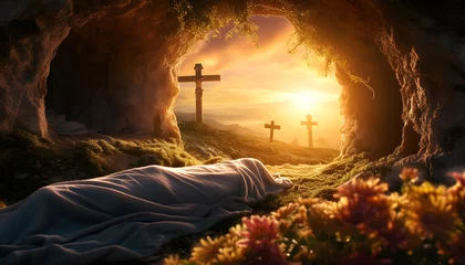Foto op Plexiglas The empty tomb of the crucifixion of Jesus. Easter or resurrection motif. © Roman