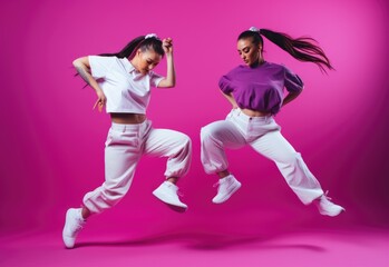 Dynamic duo performing energetic dance moves against vibrant pink background.