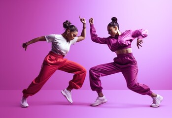 Fototapeta na wymiar Dynamic Duo Performing Energetic Dance Moves Against Vibrant Pink Background
