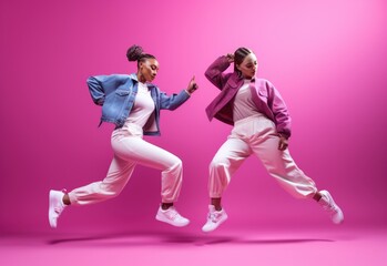 Fototapeta na wymiar Dynamic Duo Performing Energetic Dance Moves Against Vibrant Pink Background