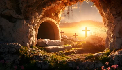 Deurstickers The empty tomb of the crucifixion of Jesus. Easter or resurrection motif. © Roman