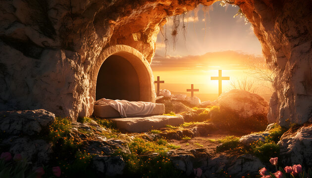 The empty tomb of the crucifixion of Jesus. Easter or resurrection motif.