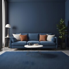 a contemporary living area with a dark blue wall, a blue sofa with a coffee table, and a 3D depiction