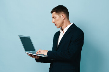 Caucasian businessman manager laptop men computer business young handsome technology person background men adult