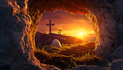 The empty tomb of the crucifixion of Jesus. Easter or resurrection motif. - obrazy, fototapety, plakaty