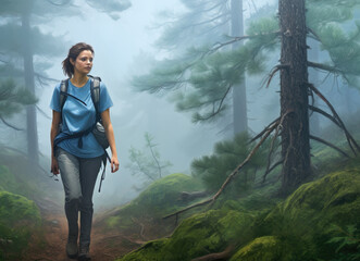 Woman Hiking Up Trail in Woods - obrazy, fototapety, plakaty