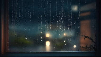 Raindrops on the night window. city park background