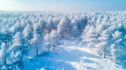 Winter Wonderland. Aerial View of Frosty Forest Landscape