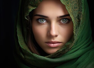 Naklejka premium Striking portrait of a young woman wearing a green hijab with piercing eyes.