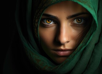 Naklejka premium Striking portrait of a young woman wearing a green hijab with piercing eyes.