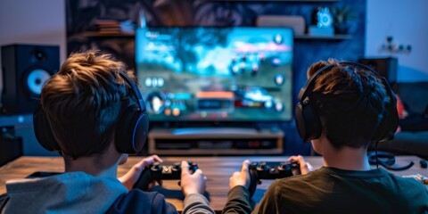 Rear view of young boys playing games on a computer at home